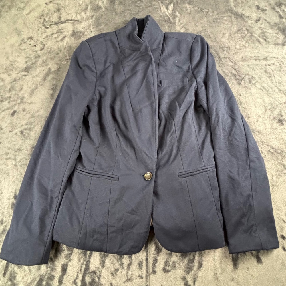 Stylus Knit Blazer Womens Size M Navy Blue Stand Collar Single Button Jacket
